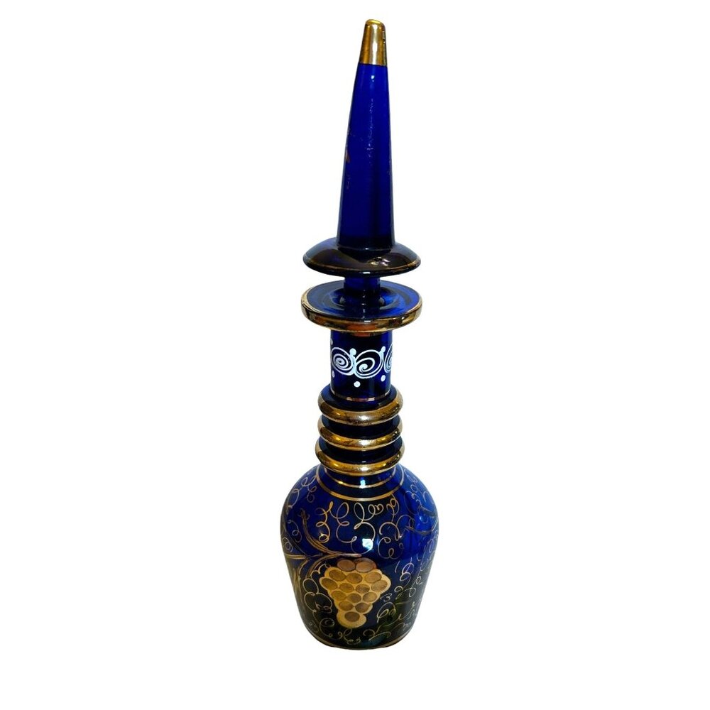 Vintage Bohemian Persian Hand-Painted Cobalt Blue & Gold Glass Decanter - Picture 2 of 13